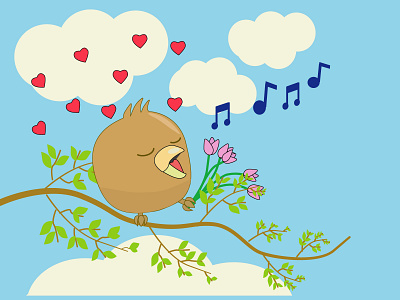 owlet in love, spring illustration, spring birds sing blue sky character for your book flowers love owl owl character owlet owlet in love serenade. spring spring illustration sun tulips warmth