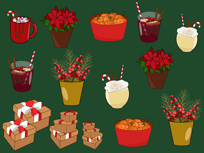 new year illustrations, christmas illustrations basket with tangerines boxes candy canes christmas illustrations cocoa eggnog flower in a pot gifts mulled wine new year gift new year illustrations pine branches poinsettia rowan branch winter drink.