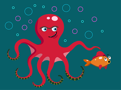 Red Octopus childrens design fish bubbles gold fish octopus octopus and fish red octopus tentacles under water world sea