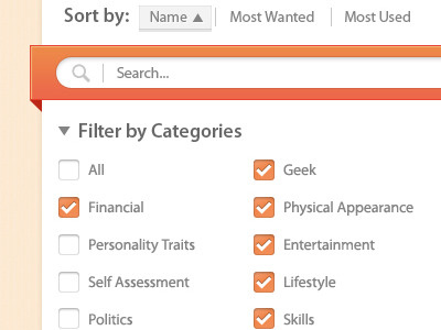 Search, Sort Result, Filter By Categories buttons checkbox filter flairs header inner nav result search sort ui user interface viewgraphic visual