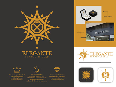 ELEGANTE JEWELRY brand designer brand identity branding concept diamond logo jewelry logo logo logo design logos logotype luxury sun symbol vector