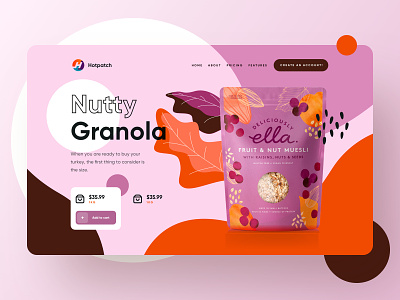 Nutty Granola - Fruit Cereal Web Site UI UX Design cart purchase buy colorful creative design ecommerce illustration landing page minimal packaging design product page sell shop ui ux web website