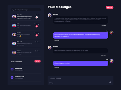 Messages Screen - Dark Theme Exploration chat dark dark theme interface messages messaging messenger