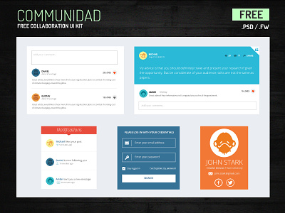 Free PSD UI Kit for Collaboration collaboration comments feed fireworks flat freebie login notifications psd ui uploader widget