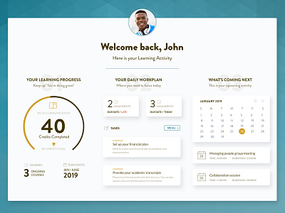 E-learning Portal | Student Dashboard assignments calendar dashboard education elearning progress workplan