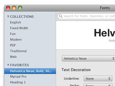 OS X Fonts Redesign: Sidebar collections dialog favorites font font dialog fonts gray helvetica neue lucida grande os x redesign sidebar white