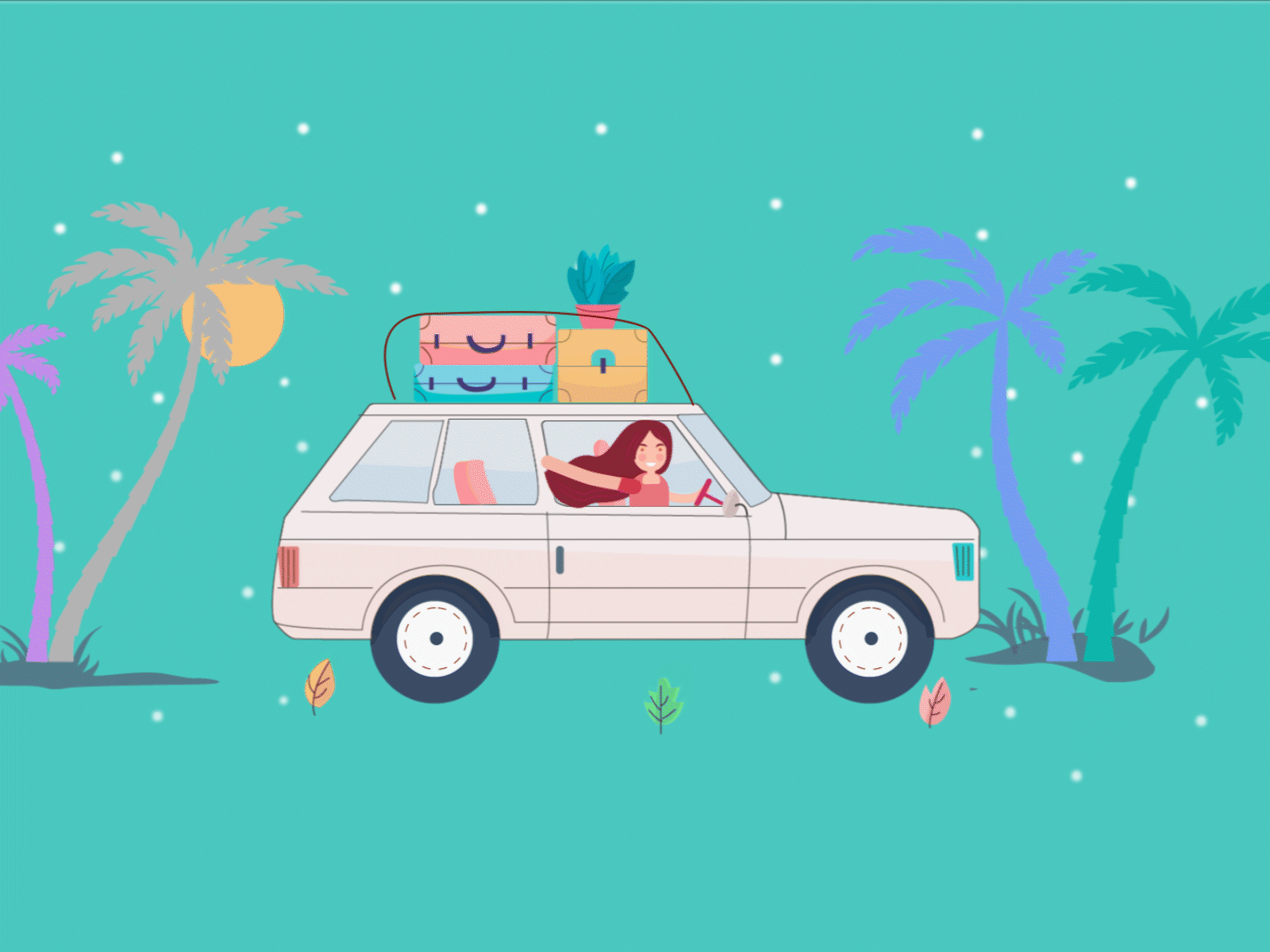 Hello Weekend animation bags car flower gif girl girl hair hello holiday illustraion motion graphic palm plant star sun sunny traveling weekend