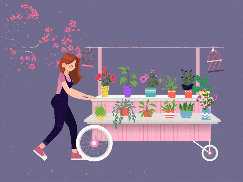 florist girl animation birds cadge cart colorful design flowers gif girl girl hair illustration jumpsuit motion graphic plants walk cycle