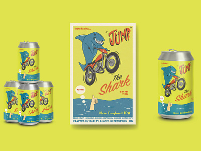 Jump The Shark beer craft beer fonzie hand drawn illustration motorcycle packaging poster retro shark