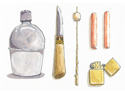 Watercolor Illustrations campfire camping hand drawn hotdog illustration knife painting smores watercolor zippo