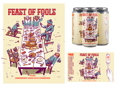 Feast Of Fools can label beer beer label brewery can label characters craft beer death drawing feast food hand drawn illustration line art packaging packaging design pen and ink raccoon thanksgiving