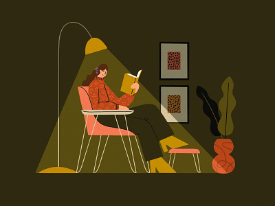 Reading Room book chair furniture girl home illustration lamp living room plant procreate read reading shadows woman