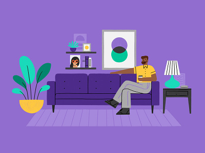Living Room Hang coffee couch home illustration lamp living room man person plant procreate purple rug sofa