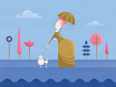 At the Park blue character dog illustration lady park pink plants trees umbrella vector