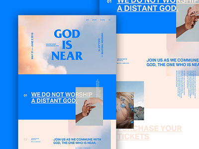 God is Near —Web blue clouds landing page minimal peach typography ui web