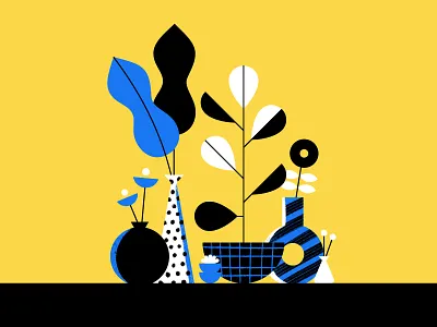 Flower Arrangements blue flower flowers geometric houseplant illustration leaves plant plants pot rubber tree succulent vase yellow