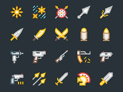 Weapons & Armor Icons ammunition armor assassin blade dagger equipment firearm gun helmet icons kalashnikov machete ninja rifle shield shuriken sword throwing weapon vector weapon