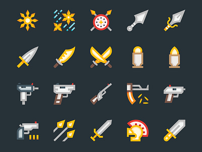 Weapons & Armor Icons ammunition armor assassin blade dagger equipment firearm gun helmet icons kalashnikov machete ninja rifle shield shuriken sword throwing weapon vector weapon