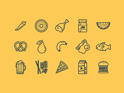 Food icons bakery beer breakfast fish food icons jam meat outline pear pizza rolls