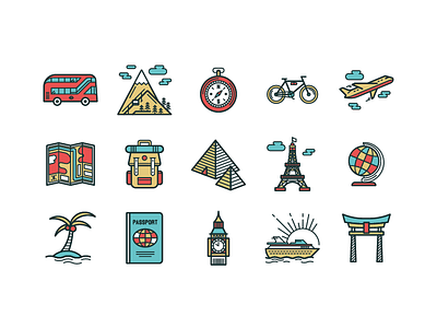 Travel icons airplane backpack ben big bike colored eiffel icons mountain outline ship travel