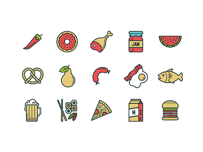 Food icons, color bakery beer breakfast fish food icons jam meat outline pear pizza rolls