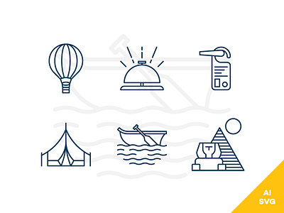 Travel and Hotels Freebie Vector Icons baloon boat free freebie hotels icons label line outline tent travel vector