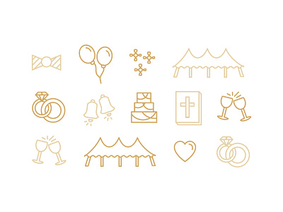 Wedding icon set balloons gold icon love ring tent wedding