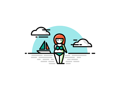 Beach time beach boat clouds girl illustration sea