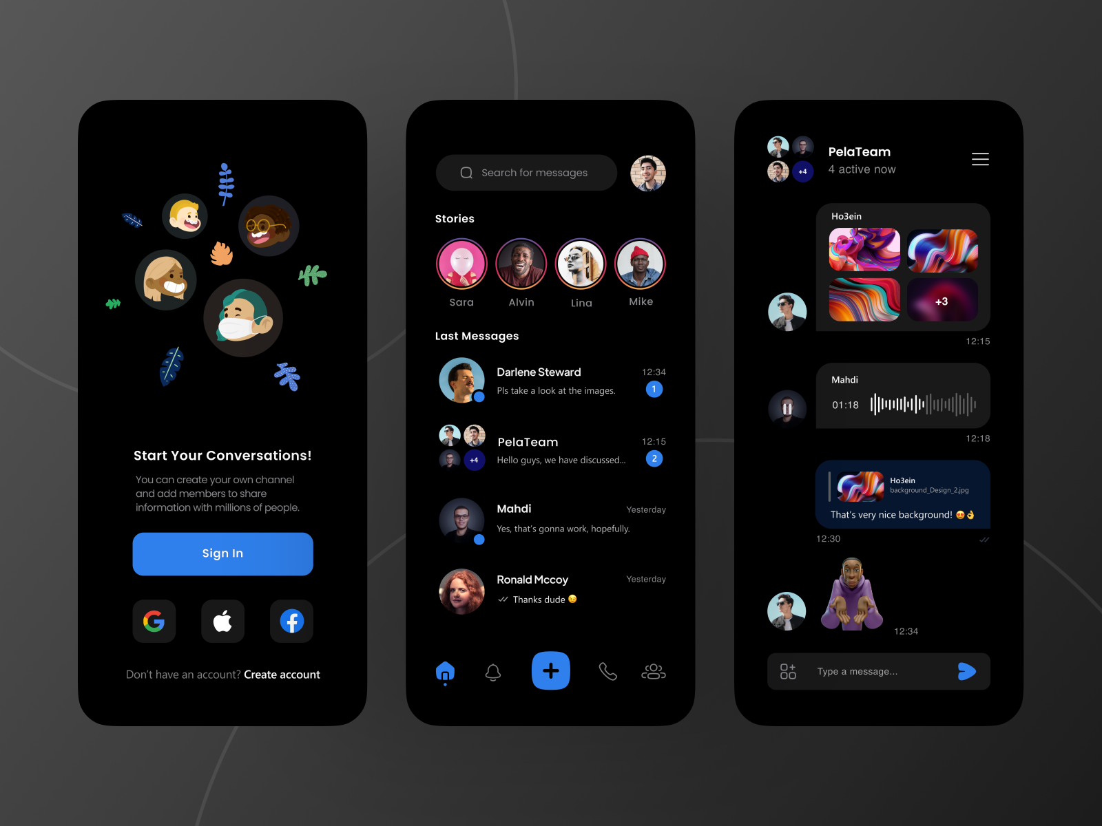 Messenger App Concept UI (Dark Mode) by Javad zamani for Pela Design on