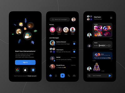 Messenger App Concept UI (Dark Mode) app application concept dark dark mode design graphic design icon messenger minimal mobile ui ux