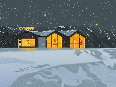 Coffeeshop In Snow coffee coffeeshop illustration light snow snowing warm