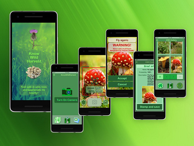 Mobile App - KnowWildHarvest camera geolocation icons logo mobile app mobile app design mobile ui mushrooms photo gallery photos photoshop plants recognition stamp spot typography uiux vector