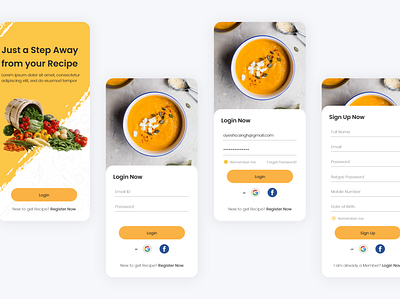 Find your recipe - Login/sign up screens app ui application clean design design food ui illustration light theme login logo mobile mockups project signup splash ui design uiux user experience ux