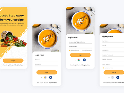 Find your recipe - Login/sign up screens