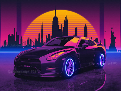 Skyline GT-R R35 80s amazing awesome best car cars cityscape colorful cool cyber popart popular poster retro retrowave synthwave trend trending vehicle vehicles