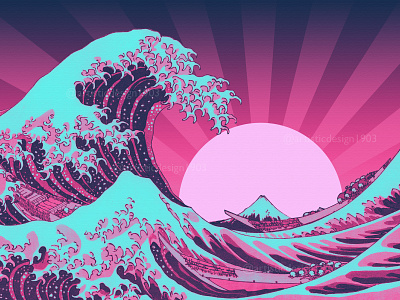 The Great Wave off Kanagawa 80s amazing awesome best colorful cool fantastic japan japanese art minimalist nature popart popular poster retro retrowave sunset synthwave trend trending