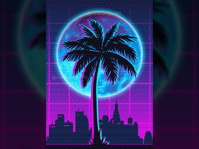 Palm Tree 1980s 80s best blue cityscape cyberpunk 2077 mancave minimalist nature neon light outrun pink popular poster retro retrowave silhouette synthwave trend trending