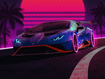 Lamborghini Huracan STO 2021 1980s 80s artwork awesome car cars cool mancave neon poster retro retrowave synthwave trend trending vehicle vehicles