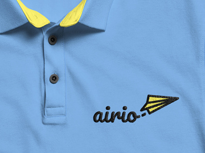 Airio Logo on Polo Shirt airio blue branding dailylogo dailylogochallenge design flat illustrator logodesign mockup paperairplane polo polo shirt simple yellow