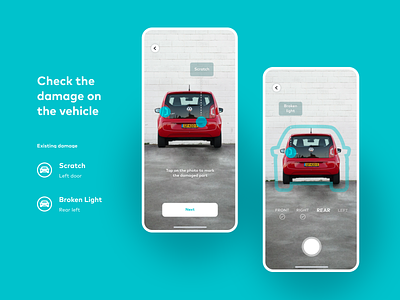 Carsharing Service — Damage Check automotive camera carsharing concept electric car exploration interaction design rental app reports and data ui ux