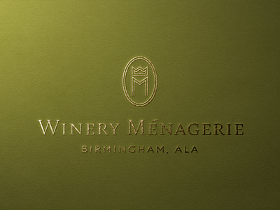 Winery Ménagerie Logo branding crown elevated design emboss fancy geometric gold gold foil green identity design lettering logo logo design wine wine bottle winery