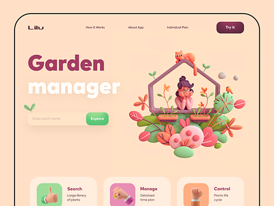 Garden manager 3d 3d art app bright color design flowers garden illustration plants ui