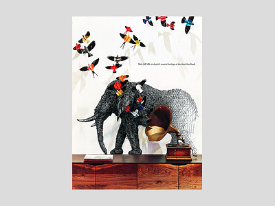 Record player Ad crosshatch doodle elephant handmade ink magazine readymade