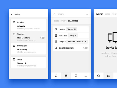 Settings, Search & Billboards andoid interface ios iphone material minimal mobile ui ux