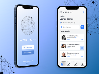 Worknet - Work oppurtunity app app blue blue and white design find job finder job minimal minimalistic mobile app mobile ui ui ux work