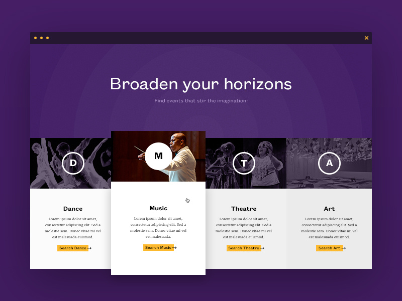 The Arts at MCC Website - Alternate Direction contemporary interaction ui events arts purple art direction hover web design website