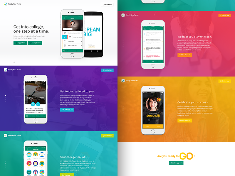 Ready Now Yuma marketing page app colorful features landing page marketing mobile product design responsive ui ux
