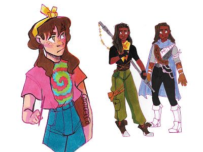 Young girl with tie-dye shirt and a warrior cartoons character design characters illustration