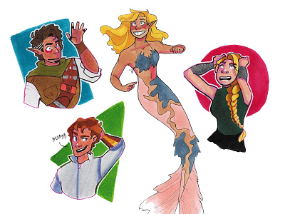 Mermaid and various characters cartoons character design characters concept art fantasy illustration