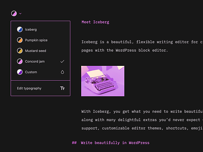 Iceberg: Theming clean colorpalette colors editor minimal ui ux wordpress writing writing app